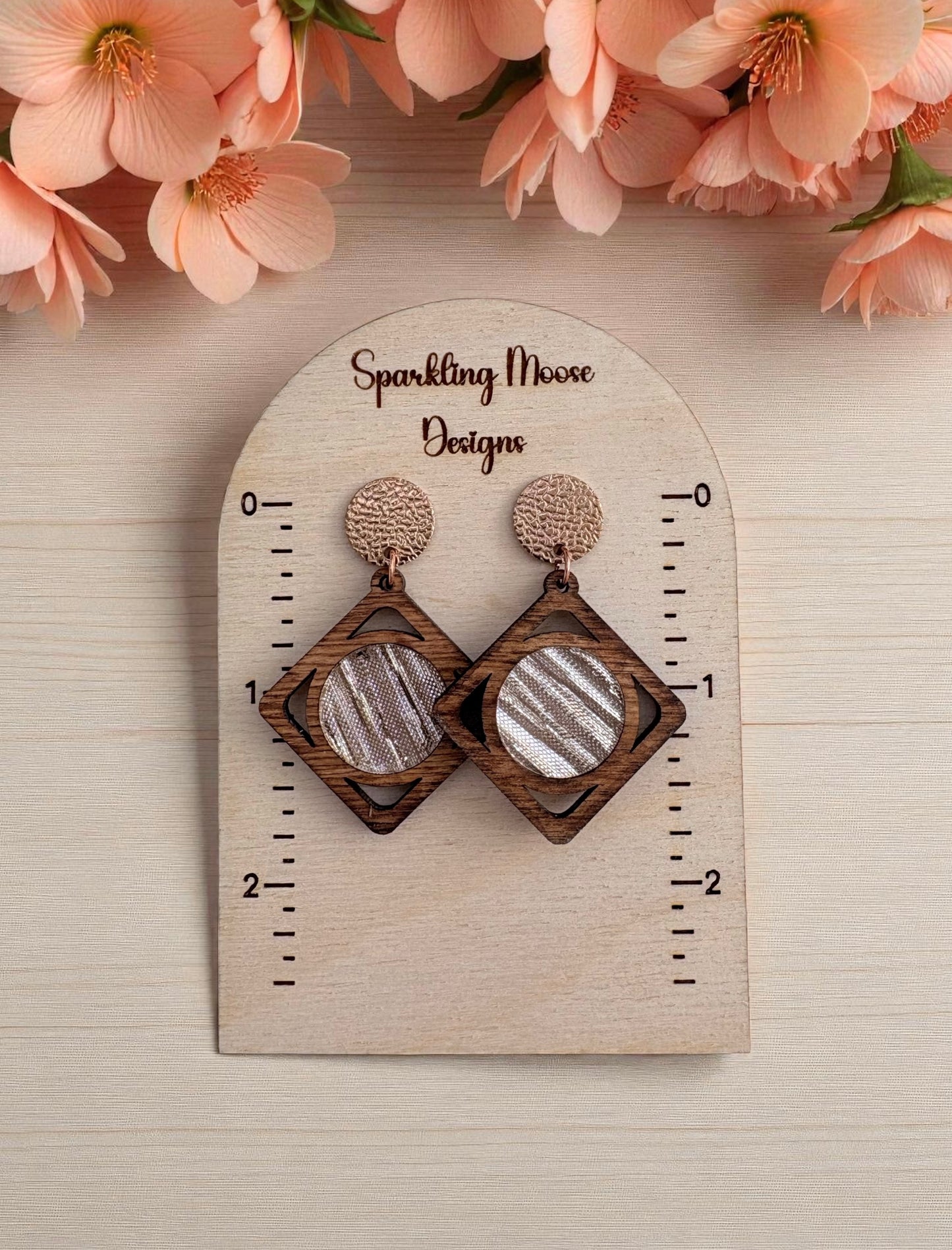 Wood with Rose Gold Acrylic Inlay Earrings