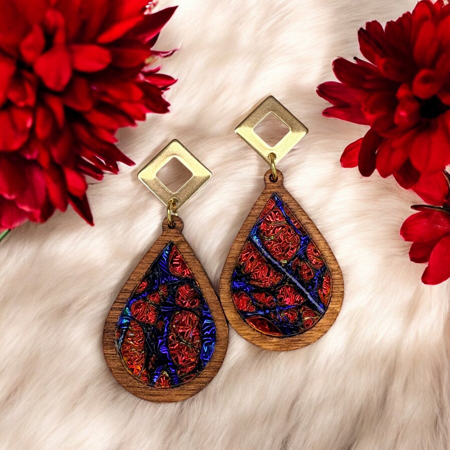 Teardrop Wood & Dichrolam Acrylic Earrings on Gold Triangle Studs