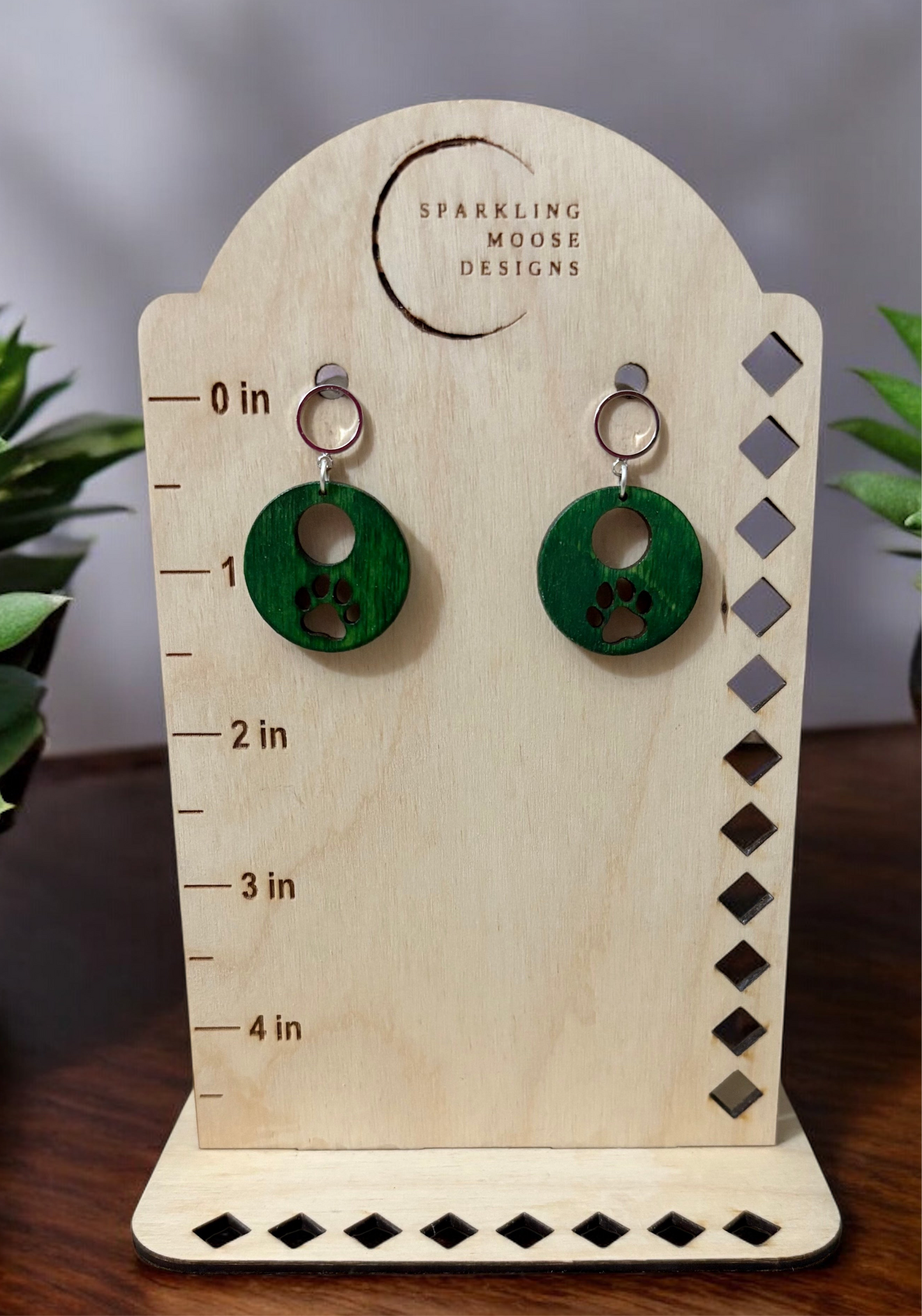 Green Wood Paw Print Earrings