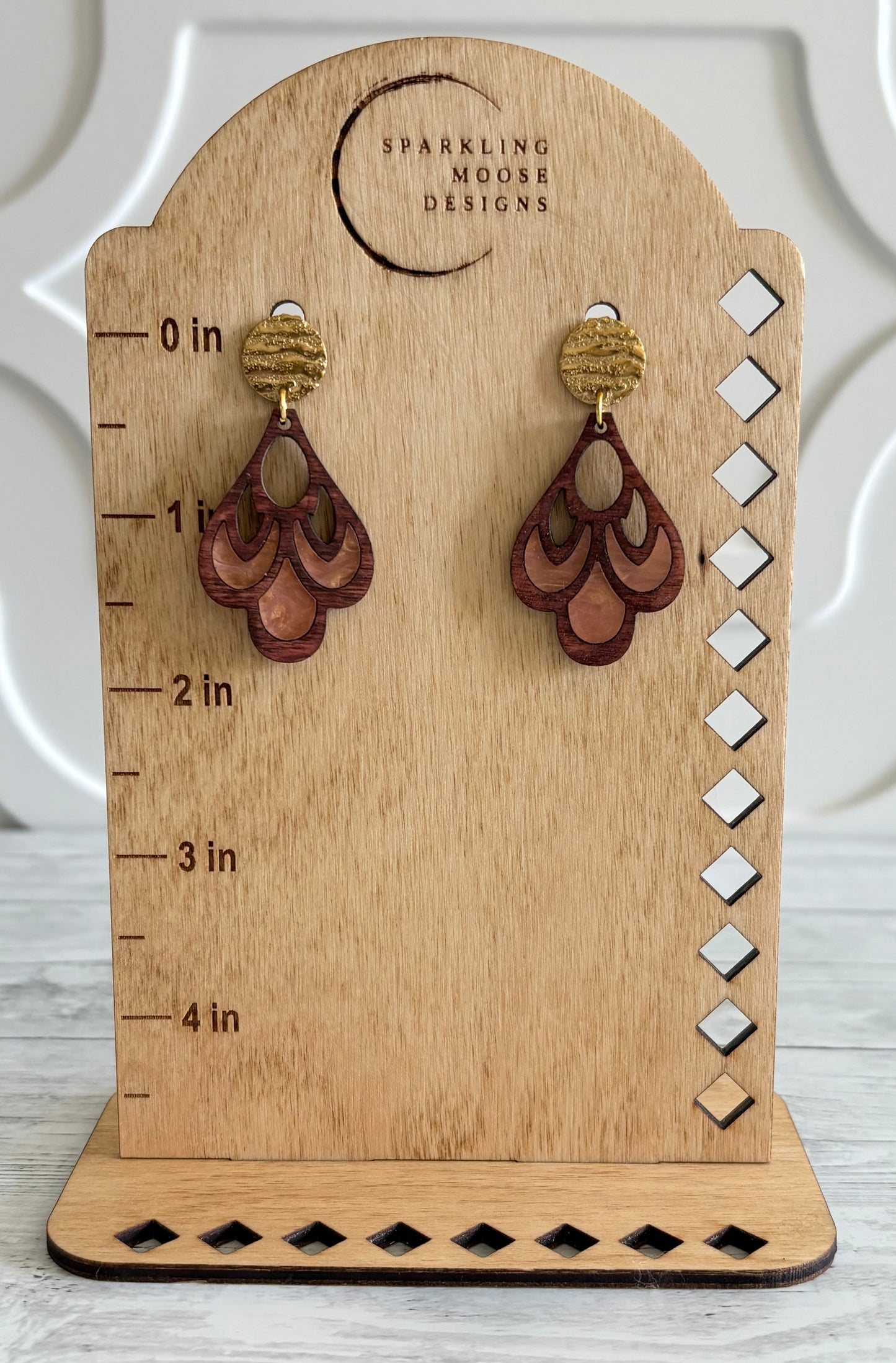 Wood w/ Peach Acrylic Inlay Earrings