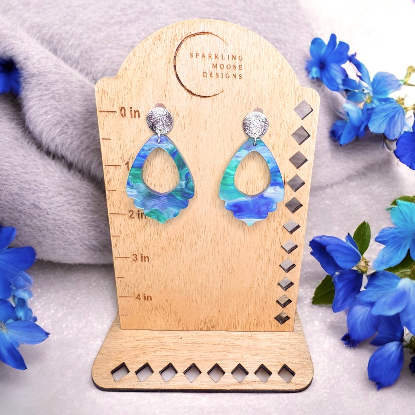 Blue & Green Swirl Acrylic Scallop Earrings w/ Silver Round Textured Posts