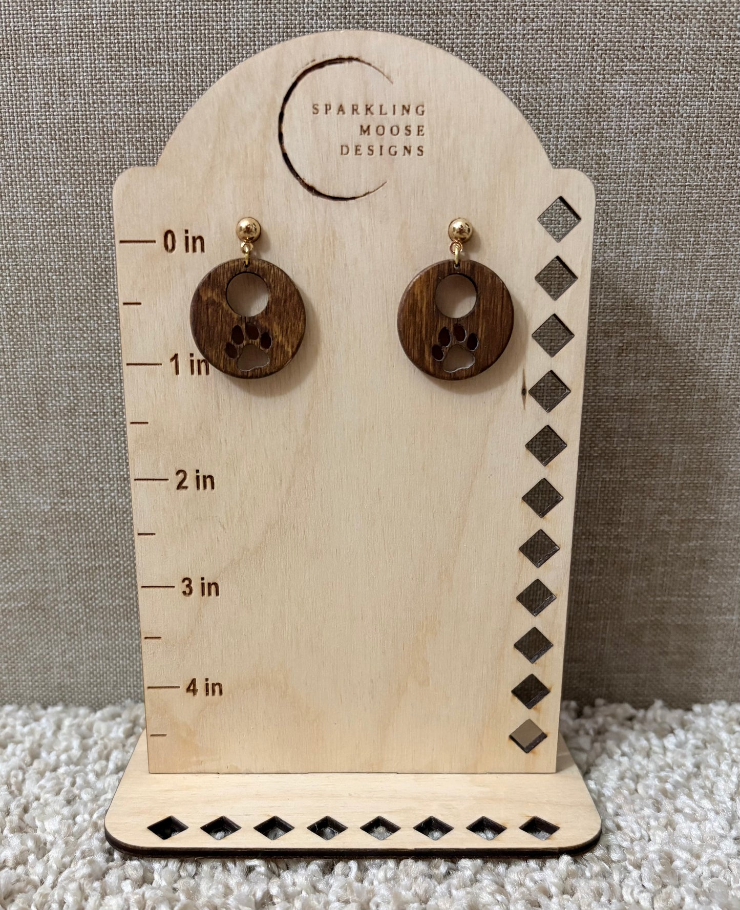 Brown Wood Paw Print Earrings