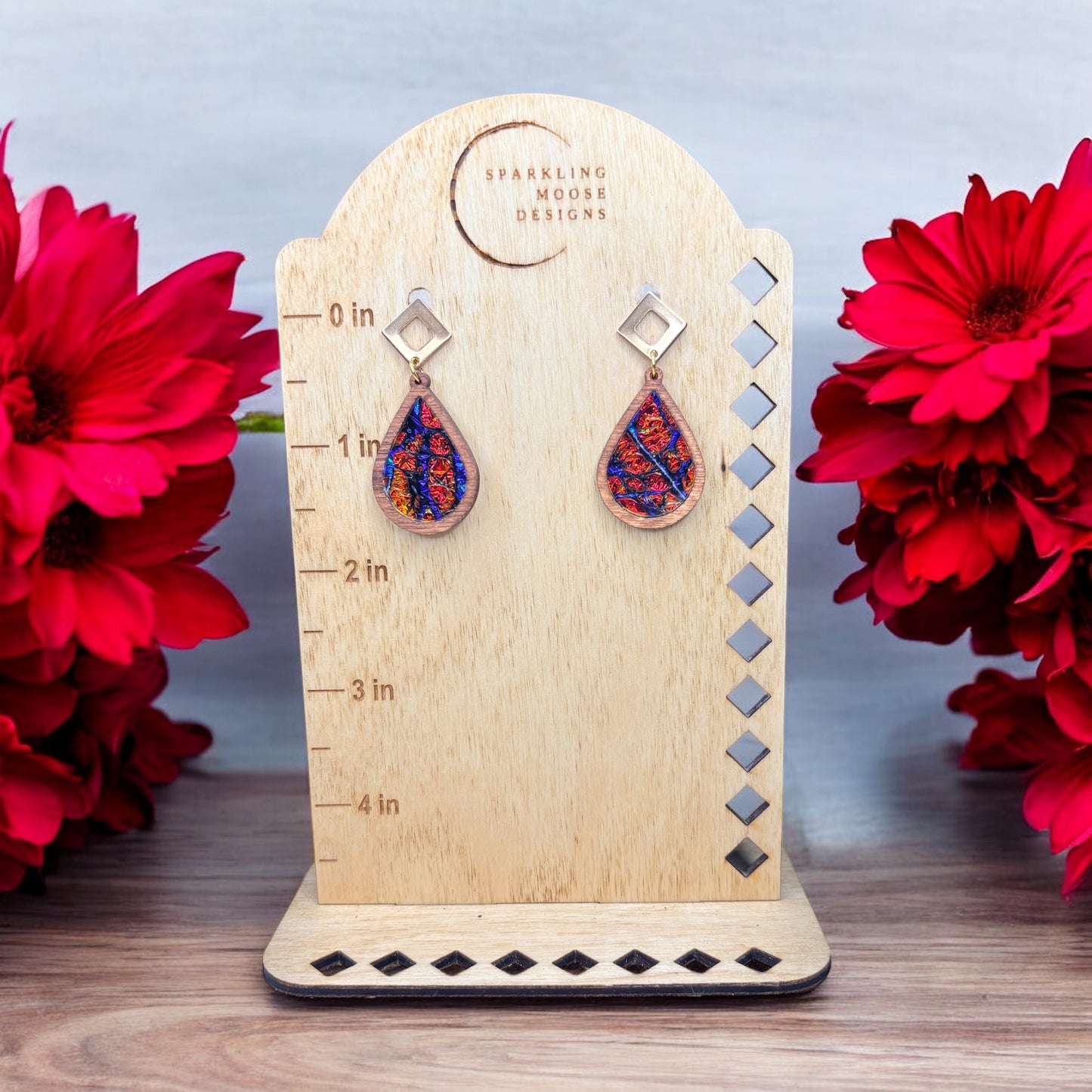 Teardrop Wood & Dichrolam Acrylic Earrings on Gold Triangle Studs