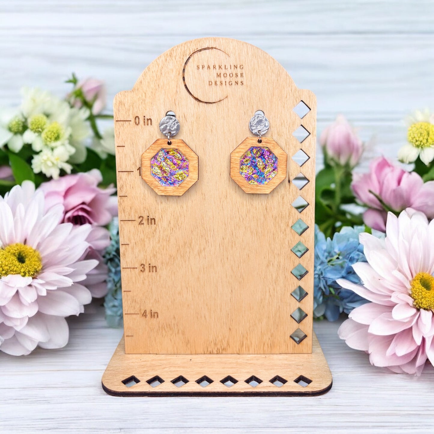Wood & Dichrolam Acrylic Earrings on Silver Textured Studs