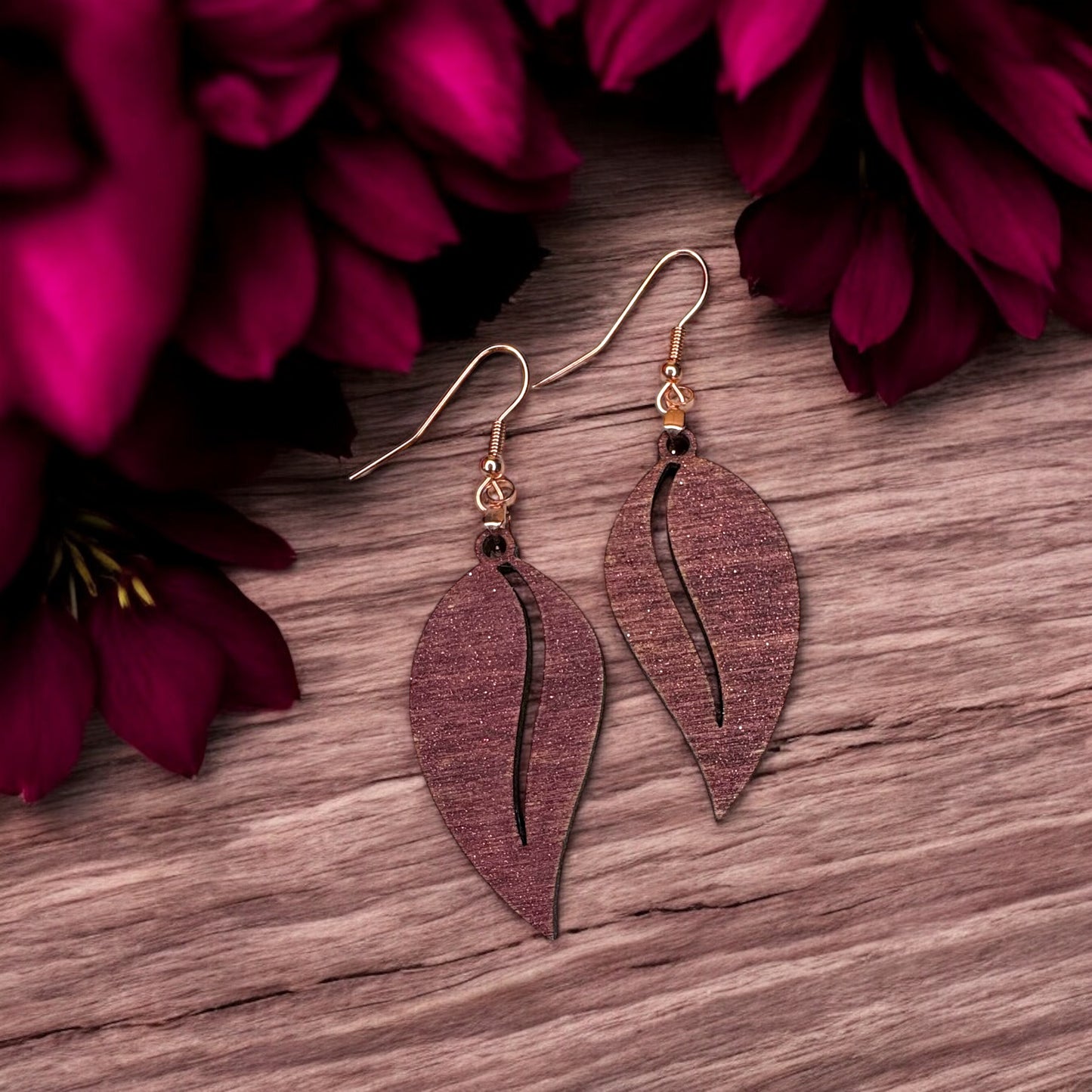 Sparkle Burgundy Leaf Wood Earrings