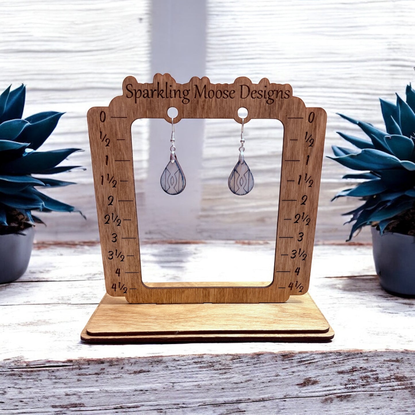 Blue & White Distressed Wood Earrings