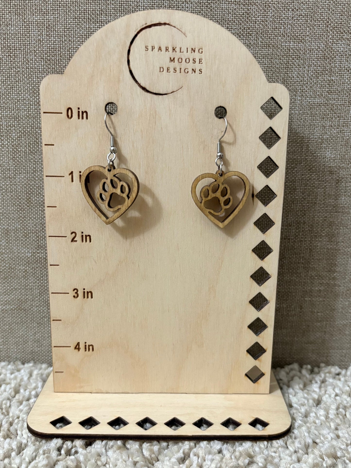 Stained Wood Paw Print Heart Earrings