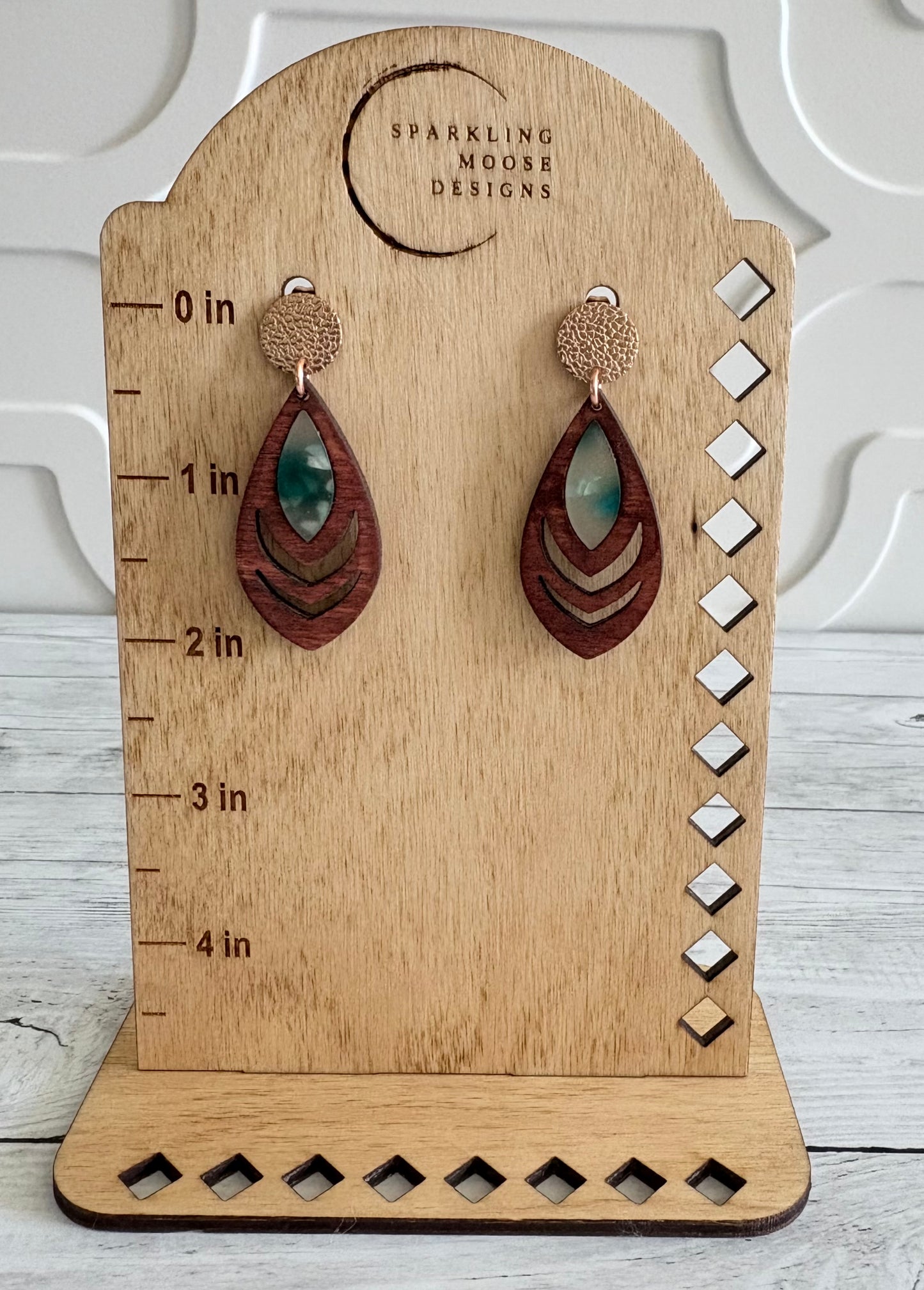 Wood Earrings w/ White & Teal Acrylic Inlay
