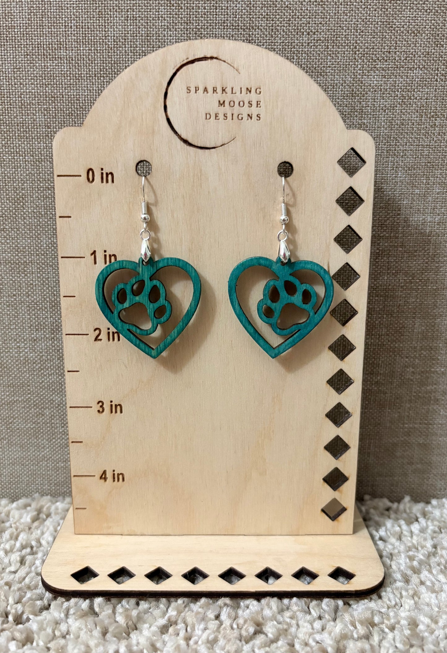 Teal Wood Paw Print Heart Earrings