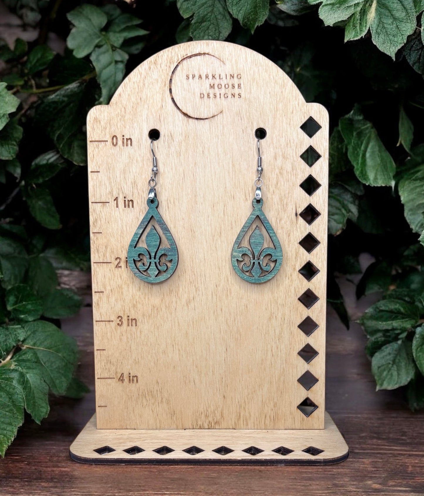 Green Fleur de Lis Wood Earrings