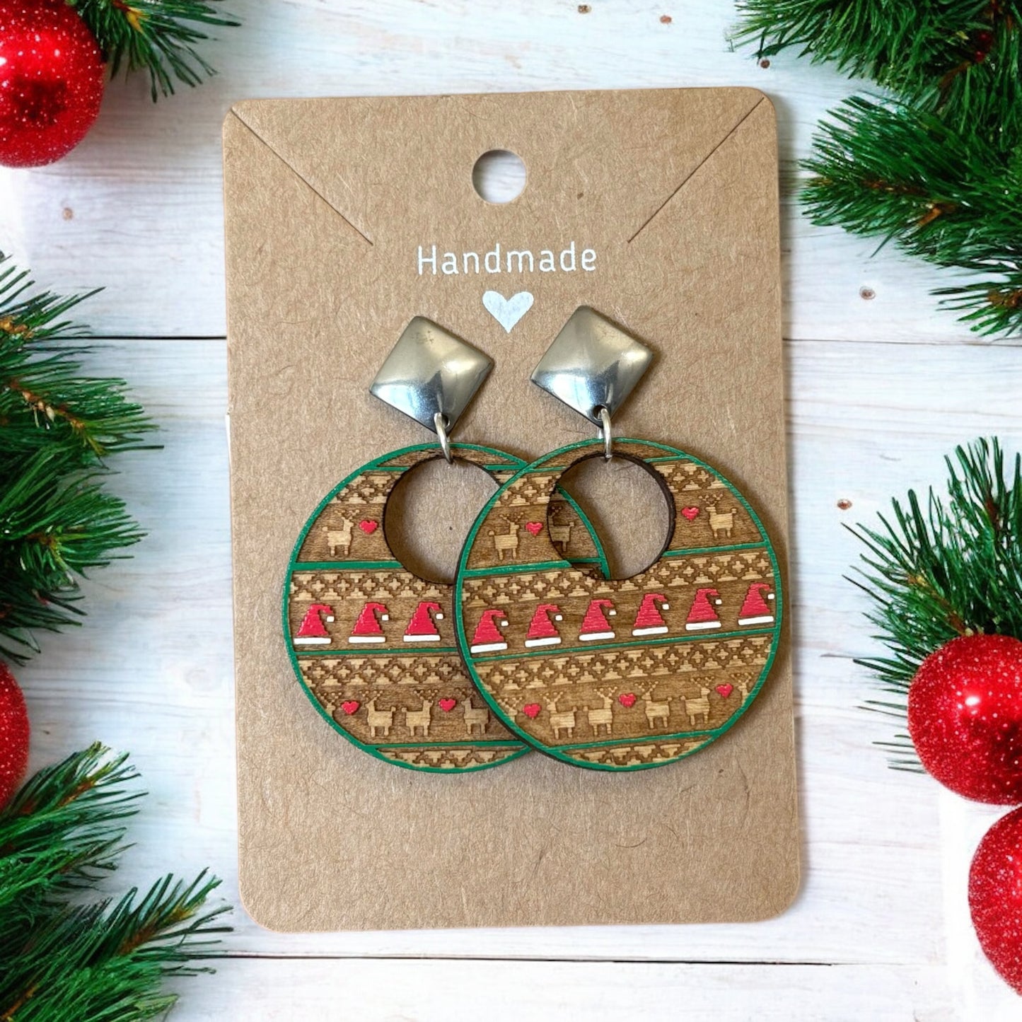 Painted Santa Hat & Deer Wood Earrings