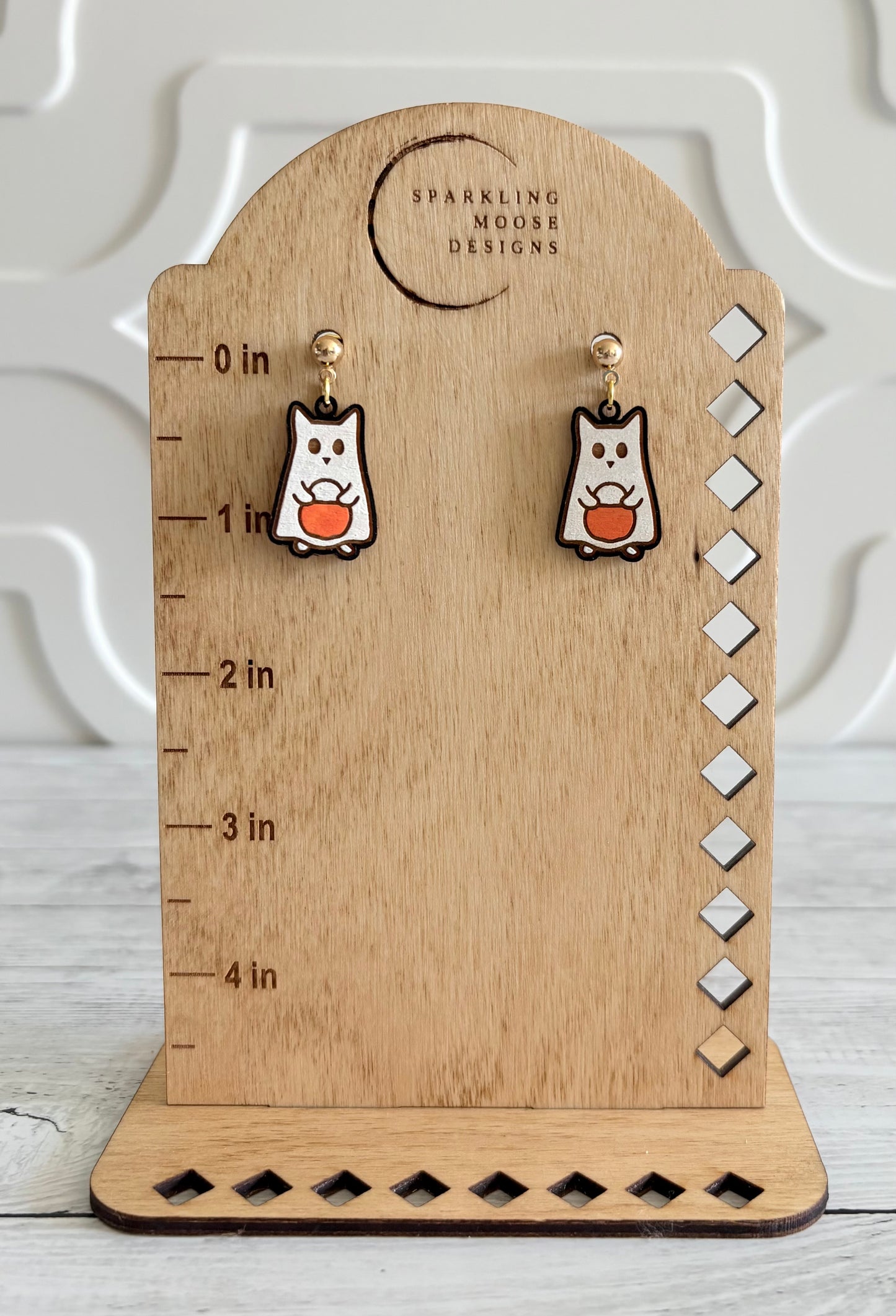 Cute Kitty Ghost Wood Earrings