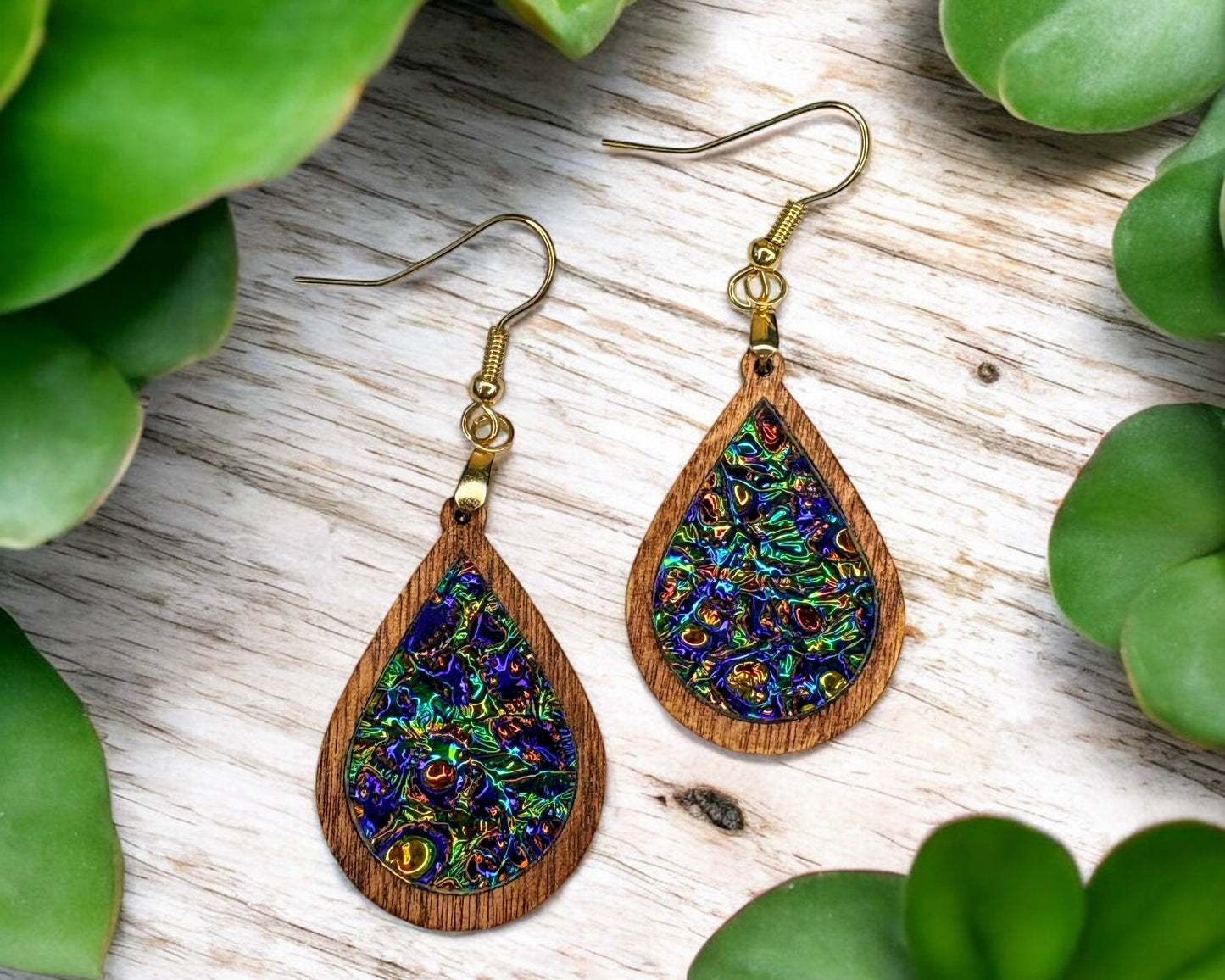Teardrop Wood & Dichrolam Acrylic Earrings