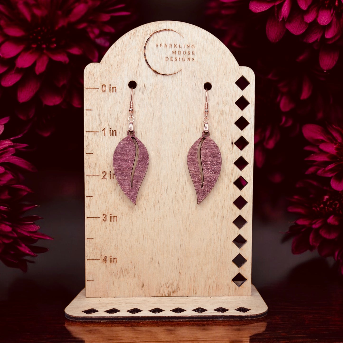 Sparkle Burgundy Leaf Wood Earrings