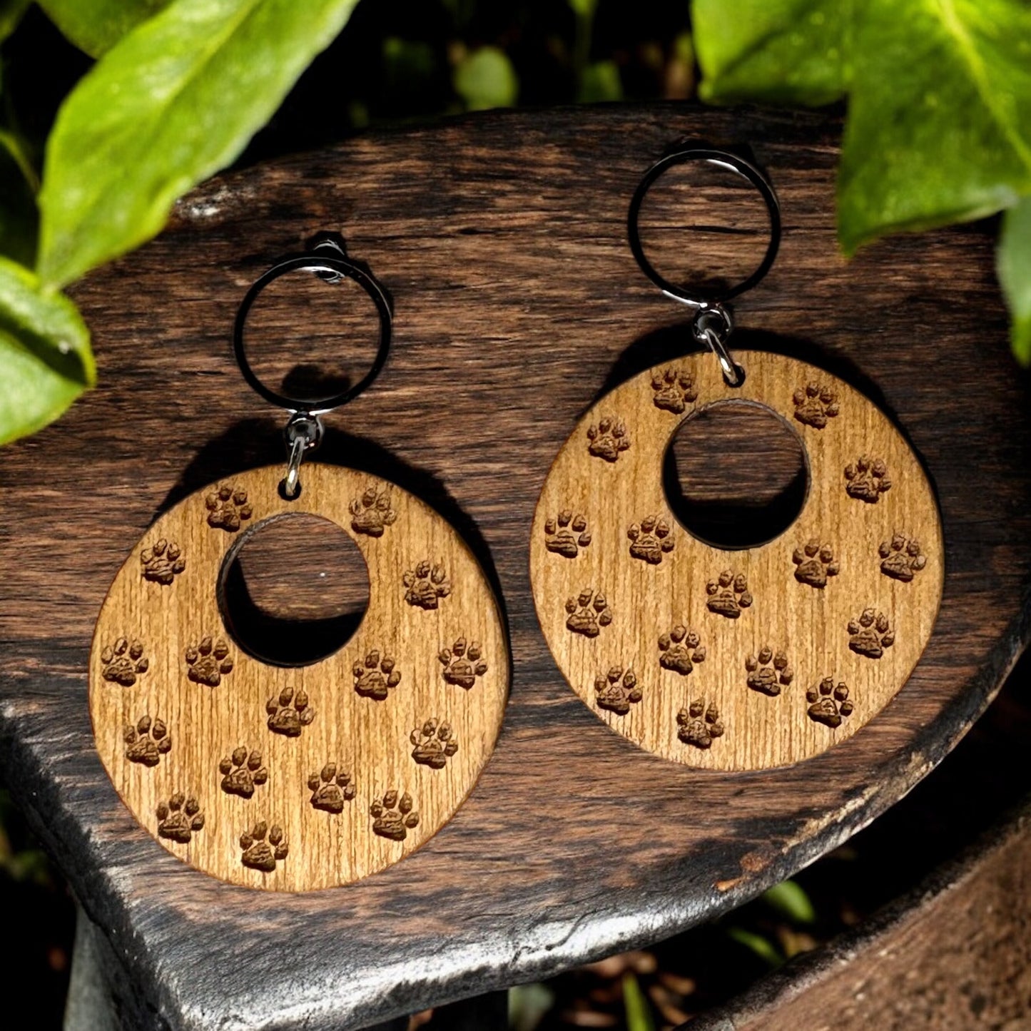 Wood Paw Print Engraved Earrings