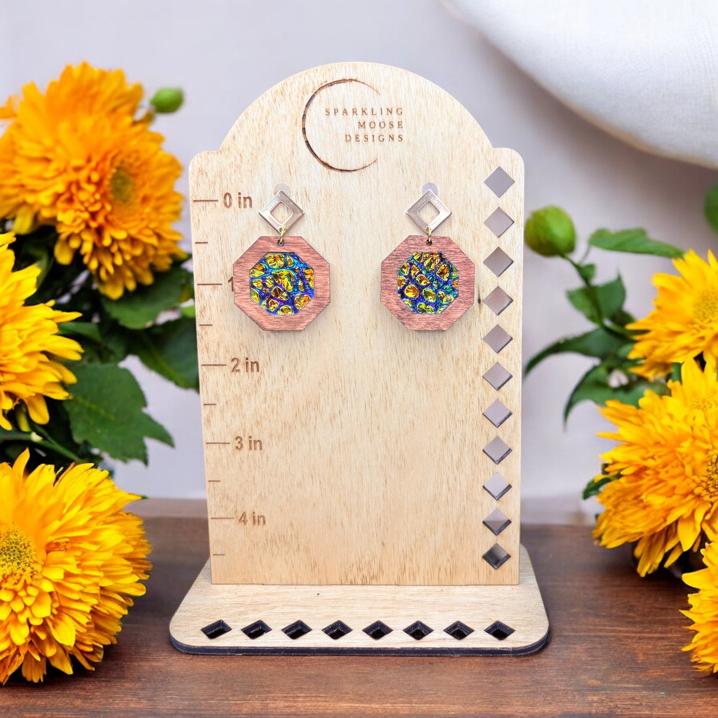 Wood & Dichrolam Acrylic Earrings on Gold Triangle Studs