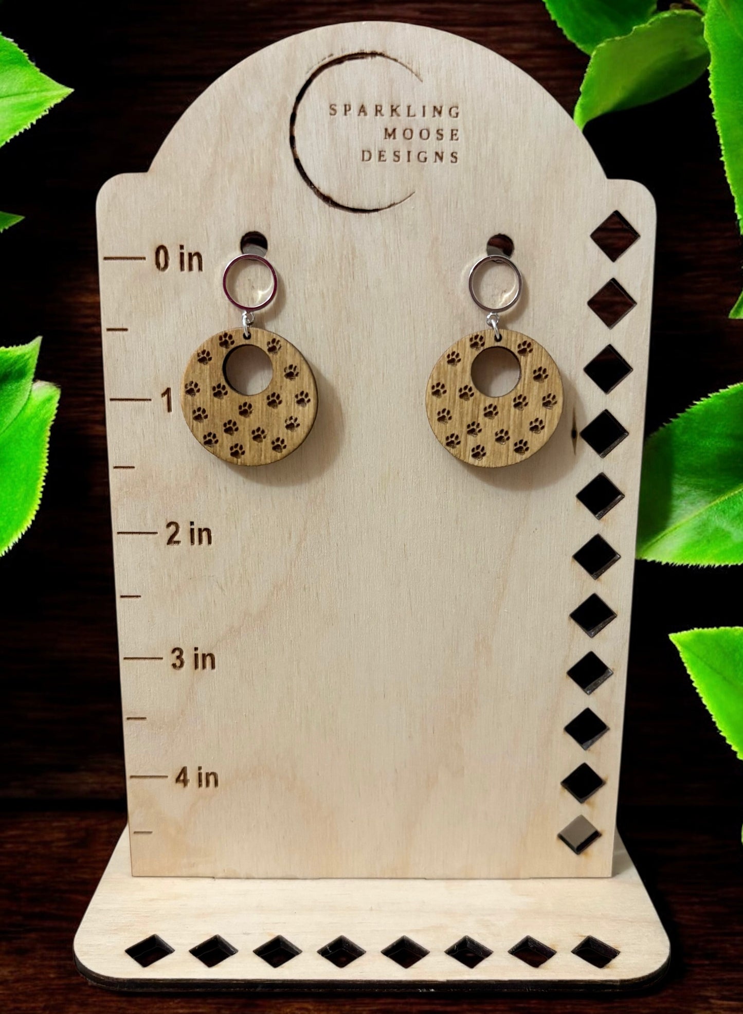 Wood Paw Print Engraved Earrings