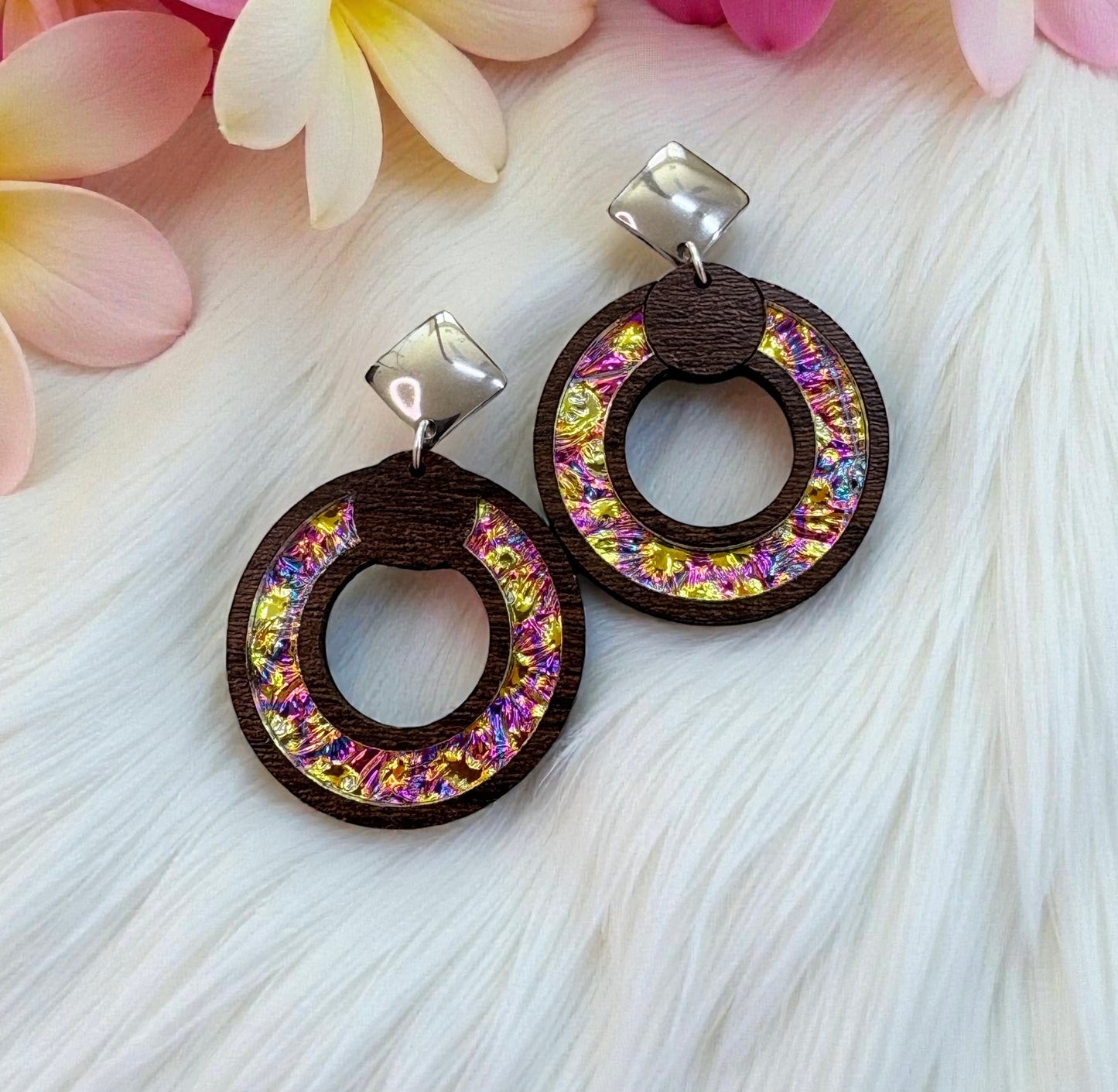 Round Wood Earrings w/ Dichrolam Acrylic Inlay