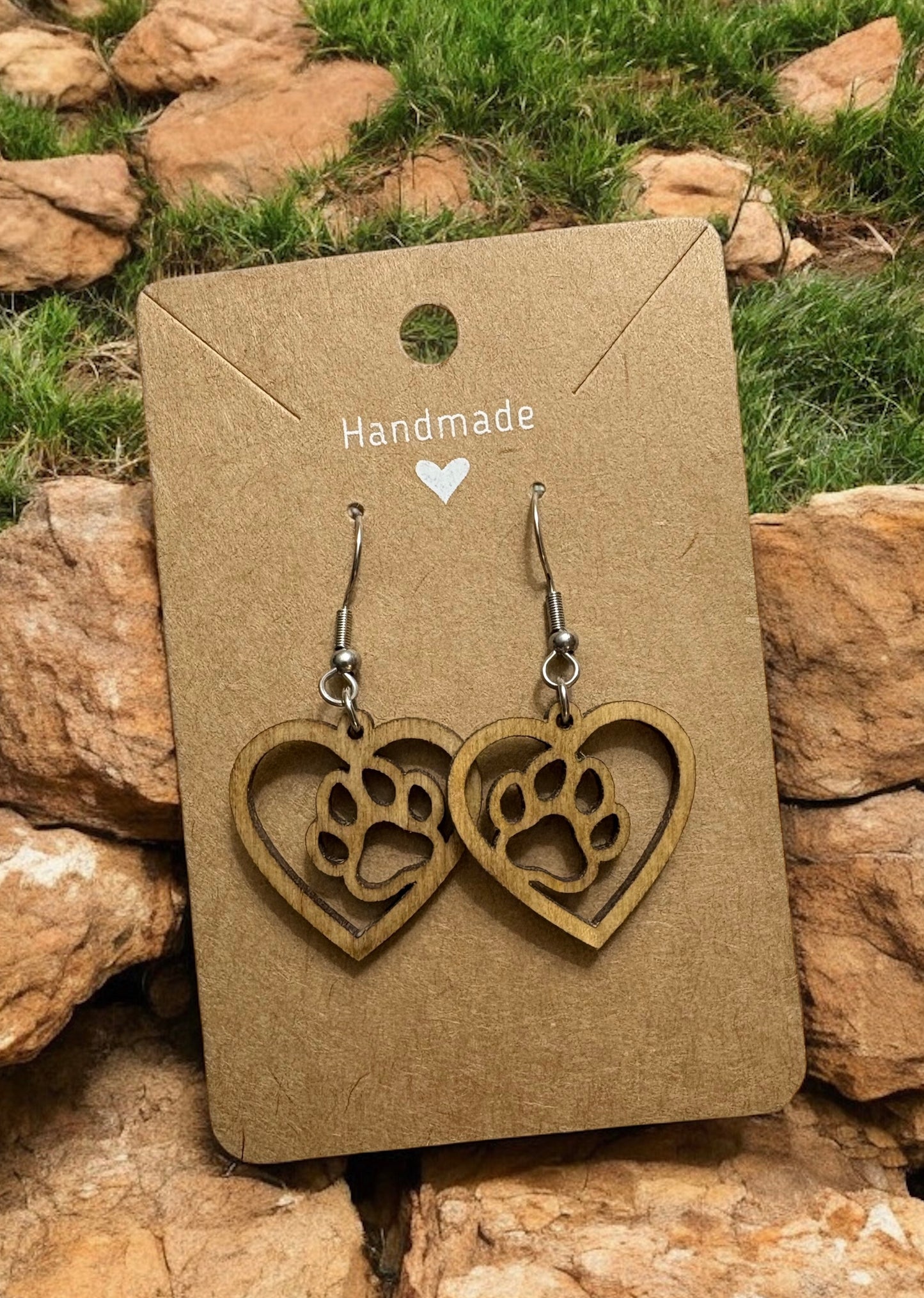 Stained Wood Paw Print Heart Earrings