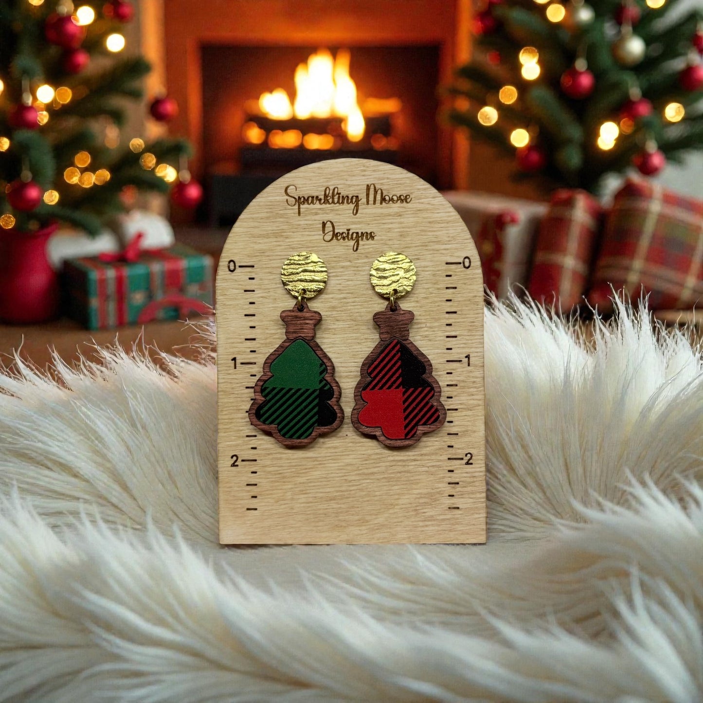 Wood Christmas Tree Plaid Inlay Earrings