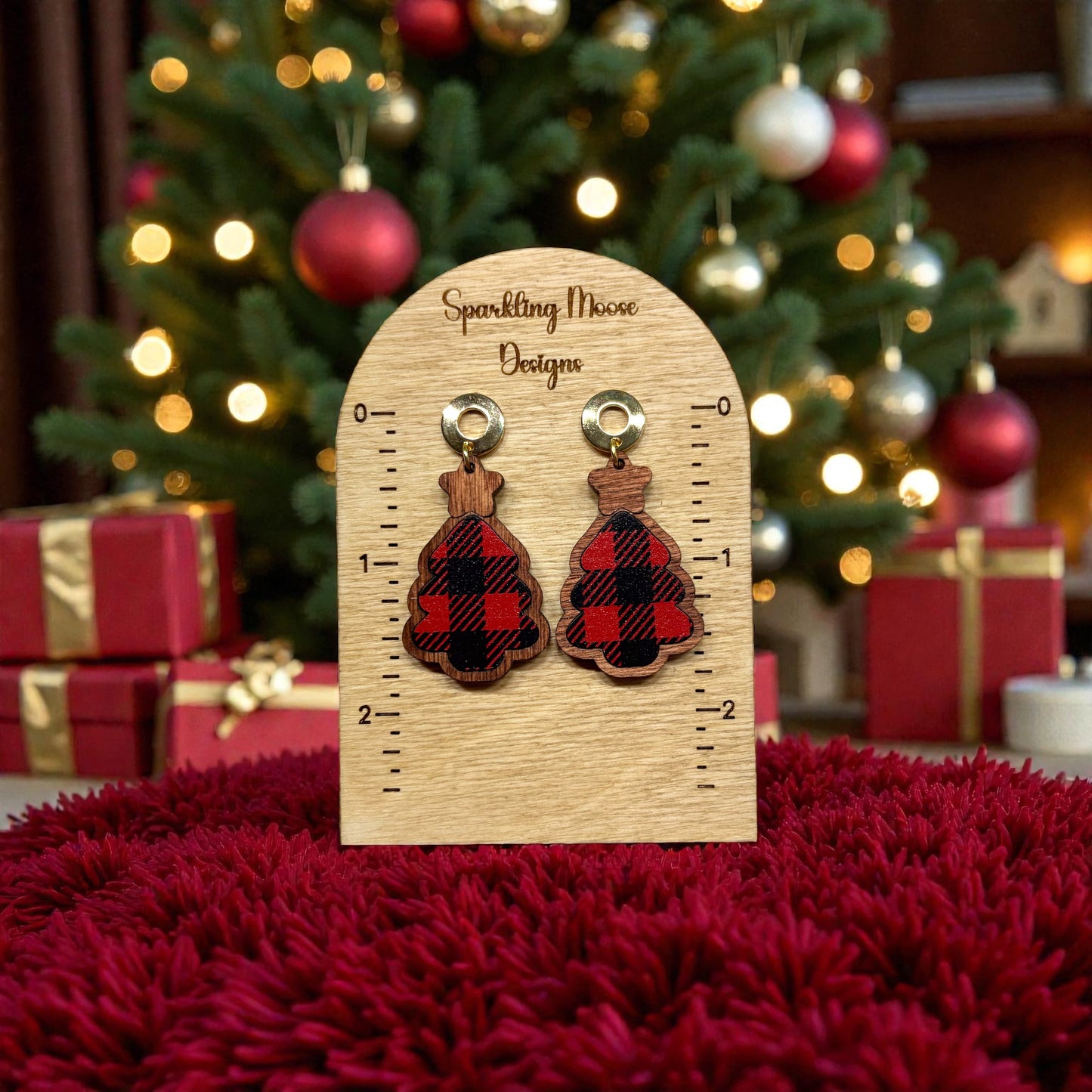 Wood Christmas Tree Buffalo Plaid Inlay Earrings