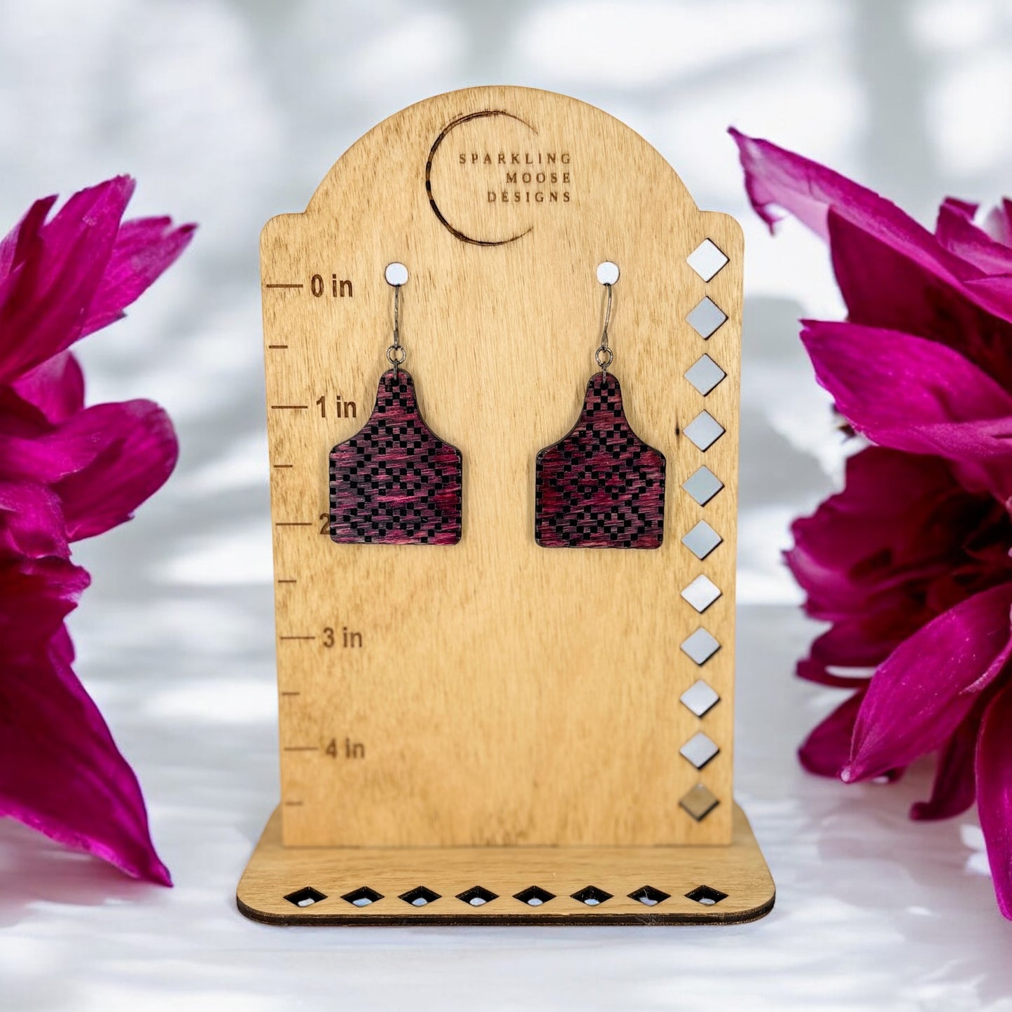 Magenta Wood Cowtag Earrings