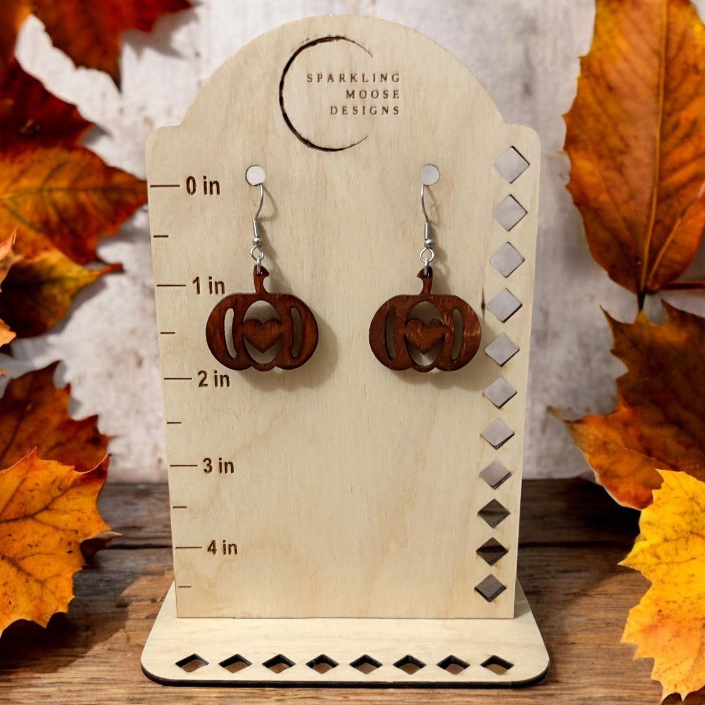 Pumpkin w/ Heart Wood Earrings.