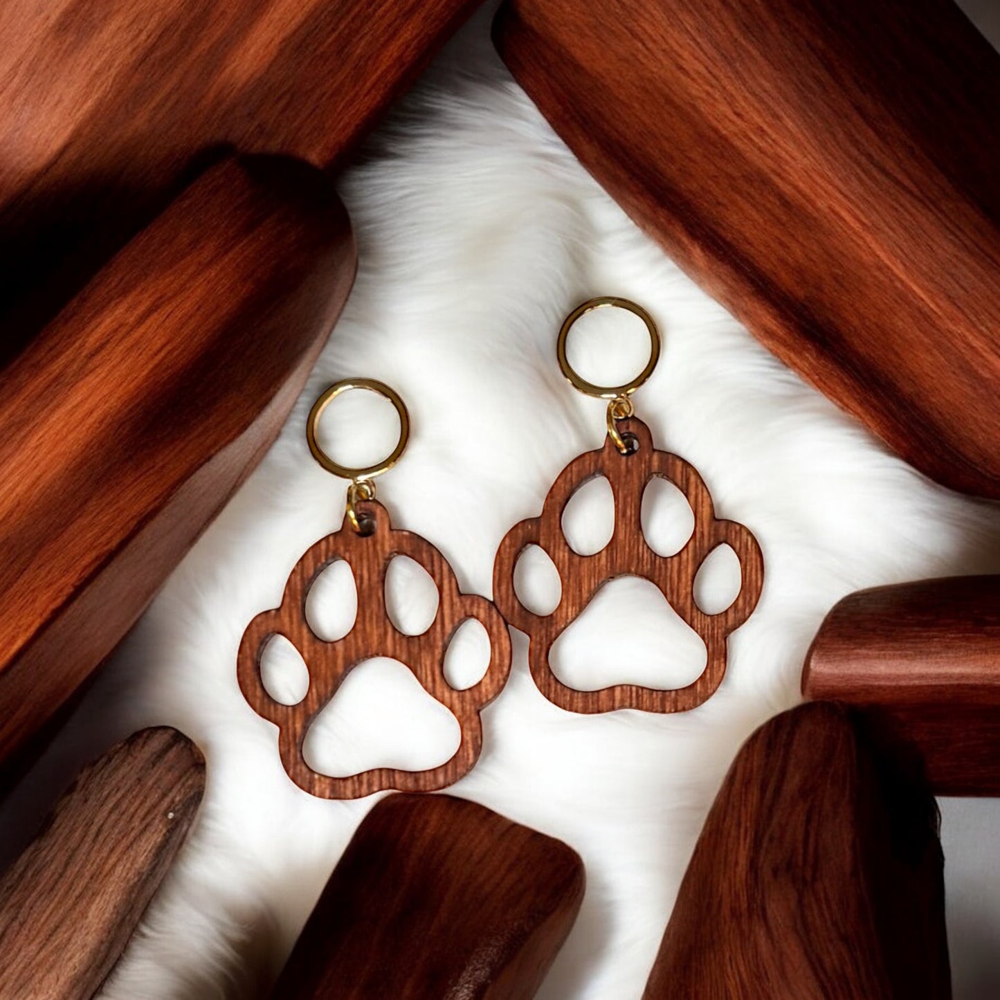 Stained Wood Paw Print Earrings