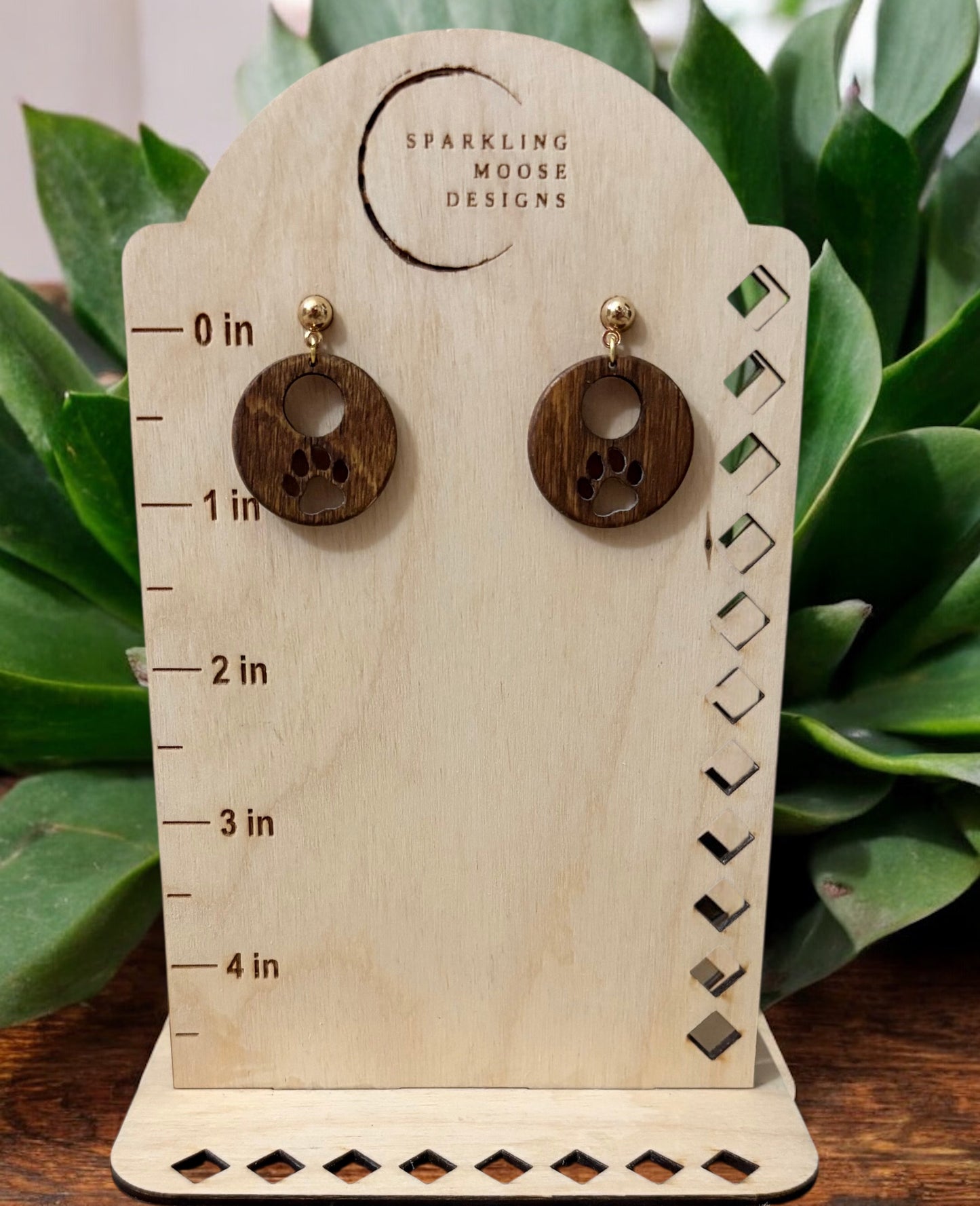 Brown Wood Paw Print Earrings
