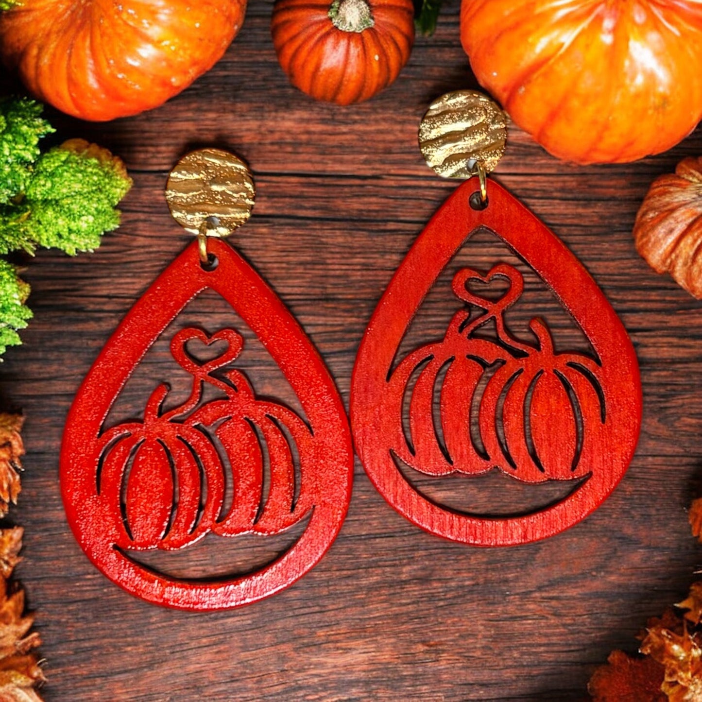 Orange Pumpkin w/ Heart Teardrop Earrings