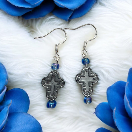 Silver Embossed Cross Earrings