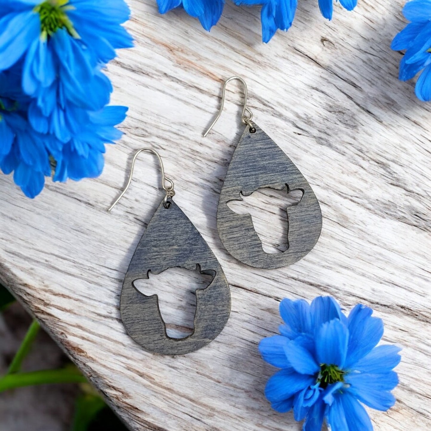 Blue Distressed Cow Earrings