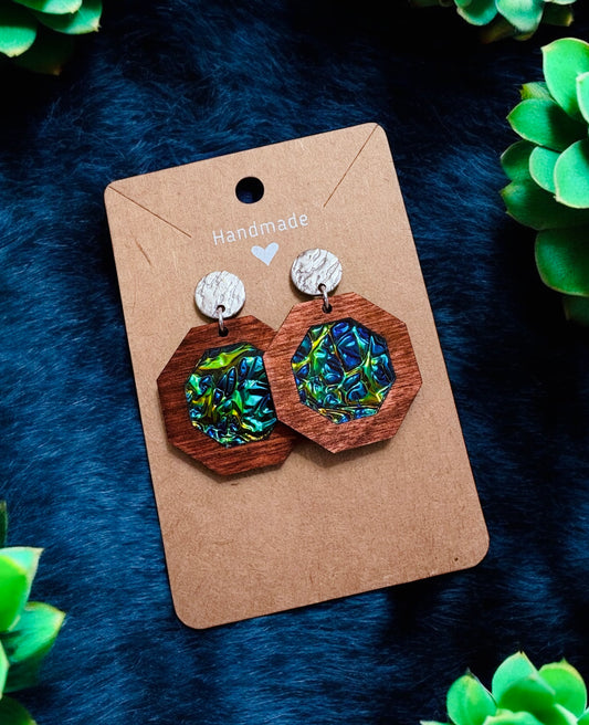 Wood & Dichrolam Acrylic Earrings on Silver Textured Studs
