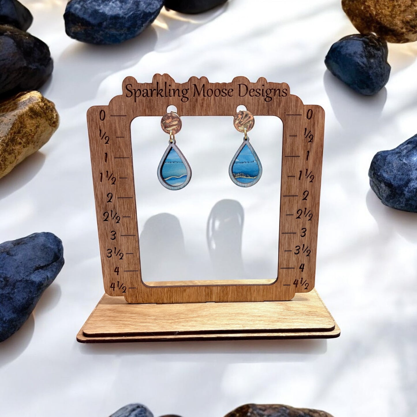 Blue & Gold Marbled Teardrop Earrings with Gold Stud