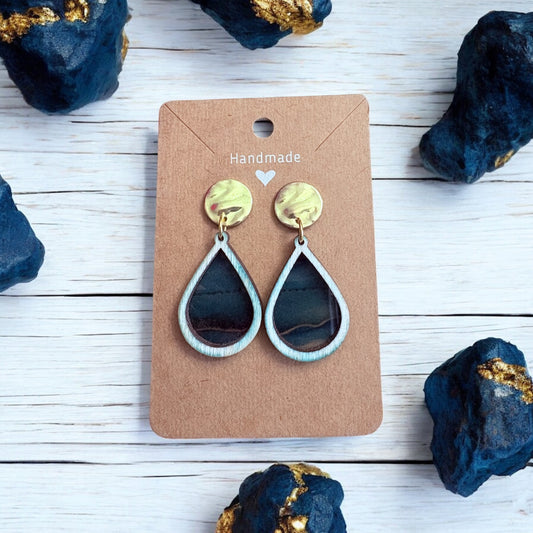 Blue & Gold Marbled Teardrop Earrings with Gold Stud