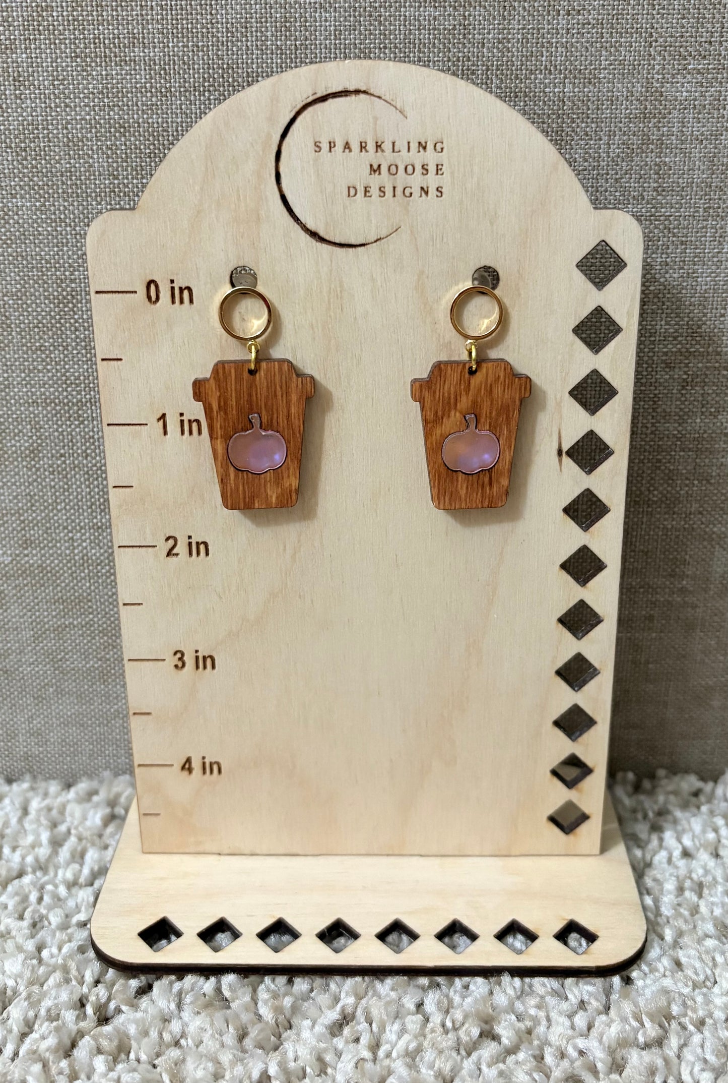 Coffee Cup Wood Earrings w/ Holographic Pumpkin Acrylic Inlay