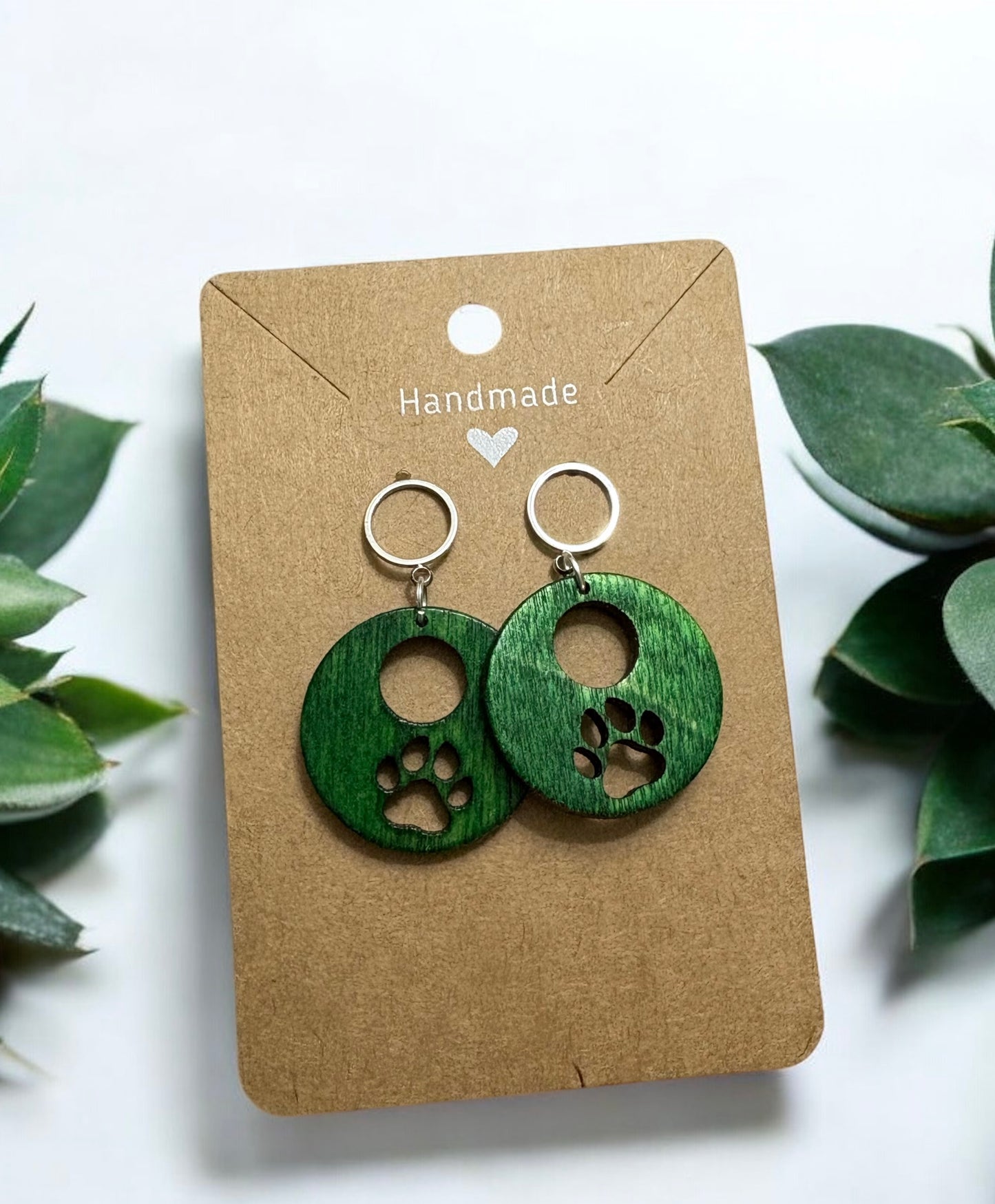 Green Wood Paw Print Earrings