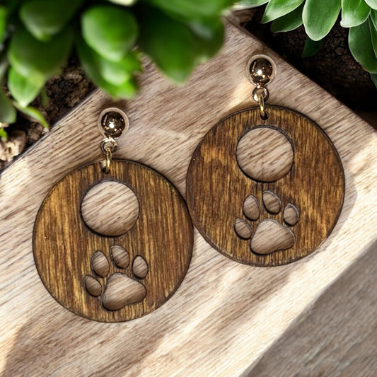 Brown Wood Paw Print Earrings