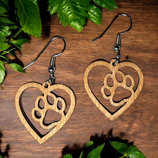 Stained Wood Paw Print Heart Earrings