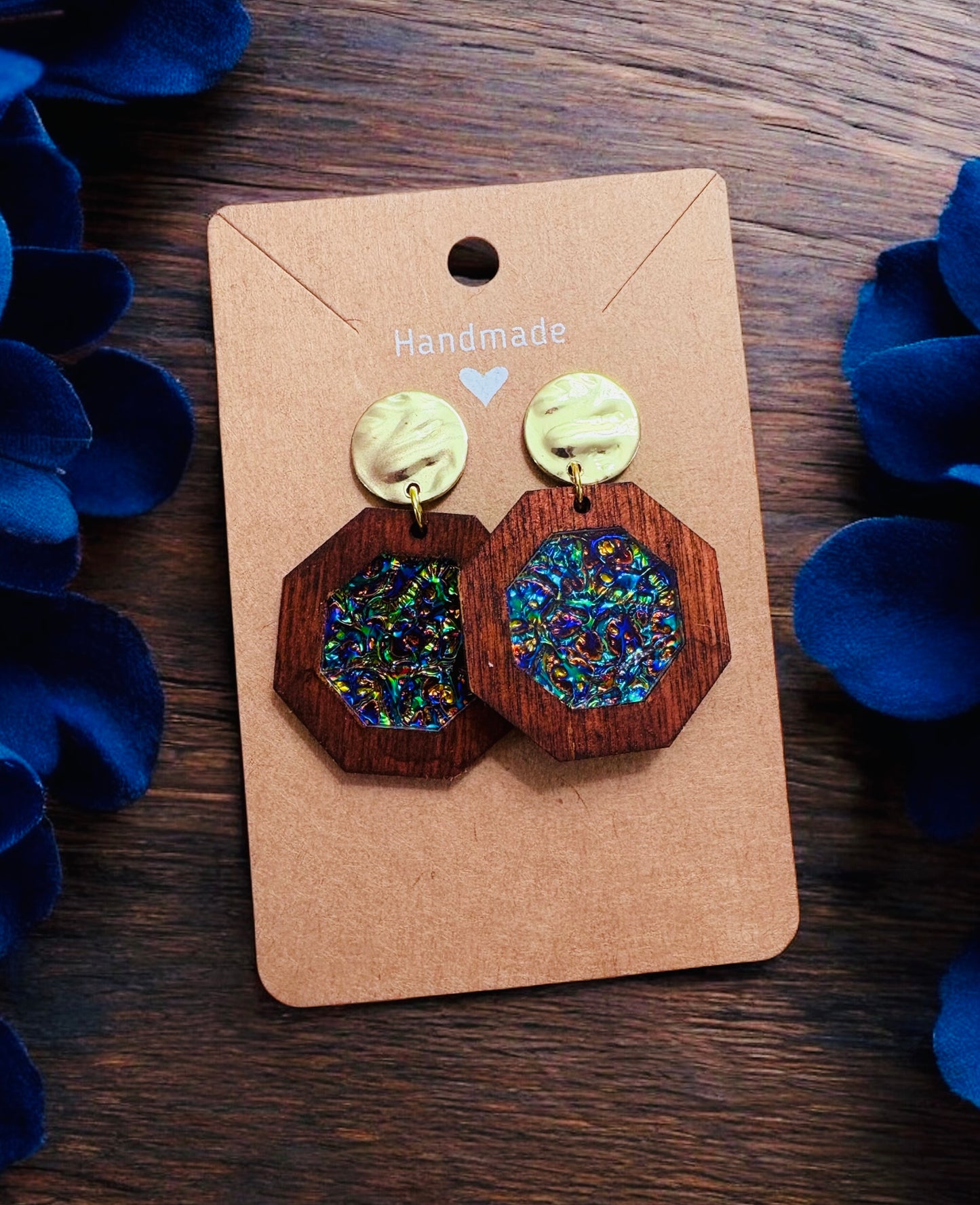 Wood & Dichrolam Acrylic Earrings on Gold Textured Studs