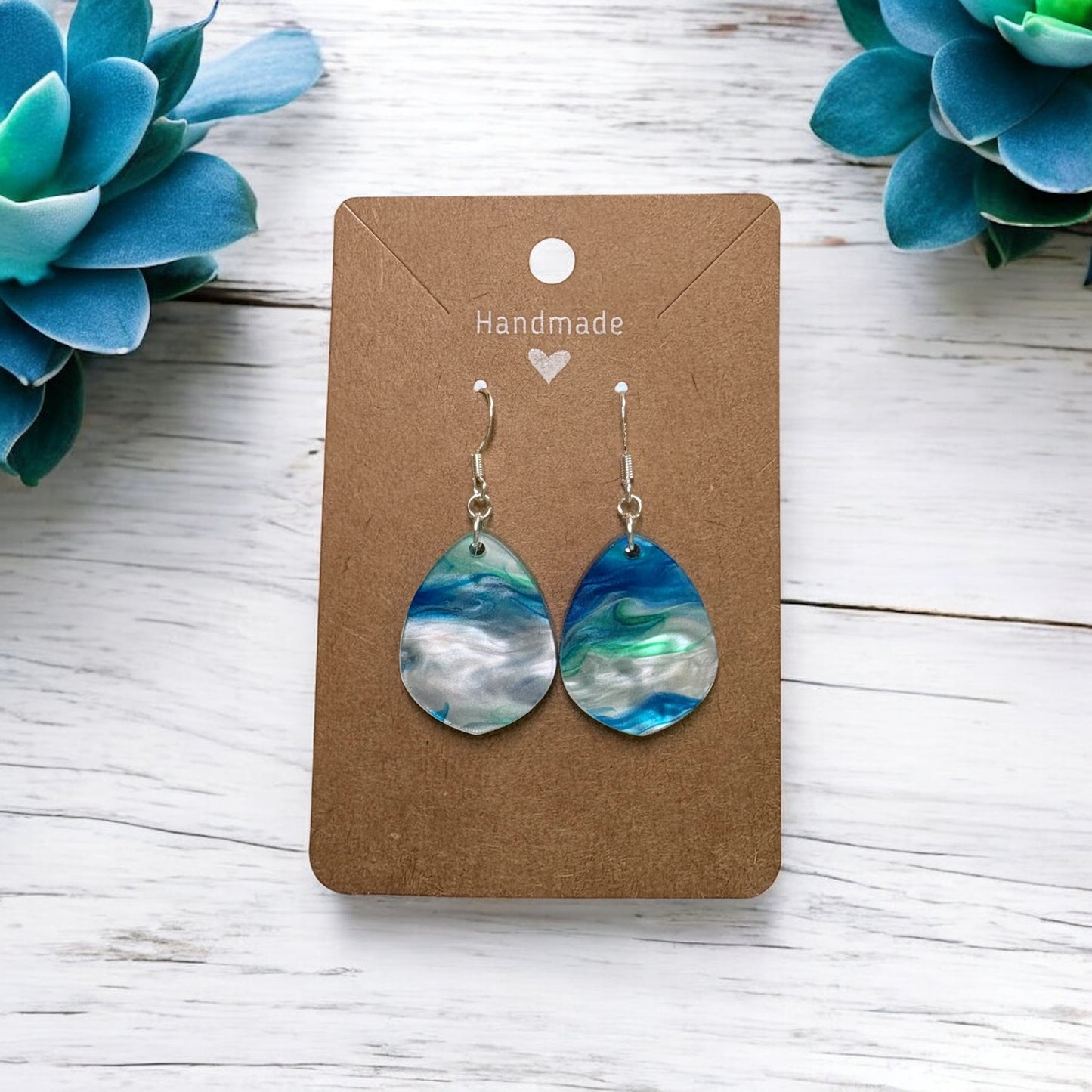 Blue & Green Swirl Acrylic Teardrop Earrings w/ Silver Hooks
