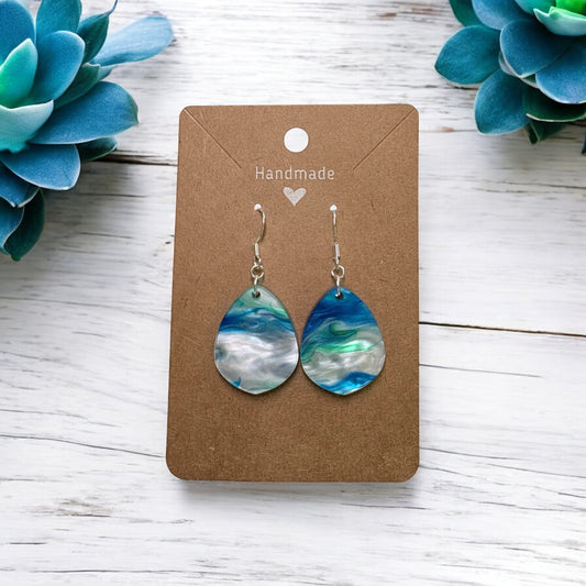 Blue & Green Swirl Acrylic Teardrop Earrings w/ Silver Hooks