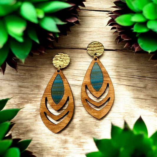 Dark Green Wood Earrings w/ Acrylic Inlay