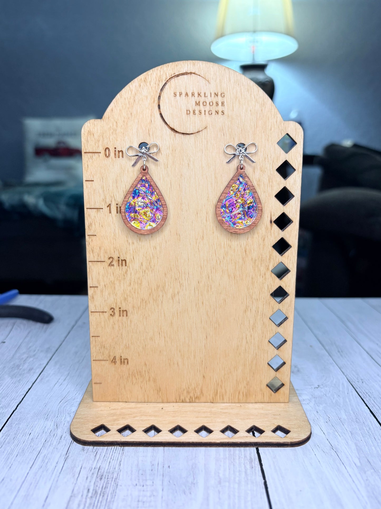 Wood & Dichrolam Acrylic Earrings on Silver Bow Studs