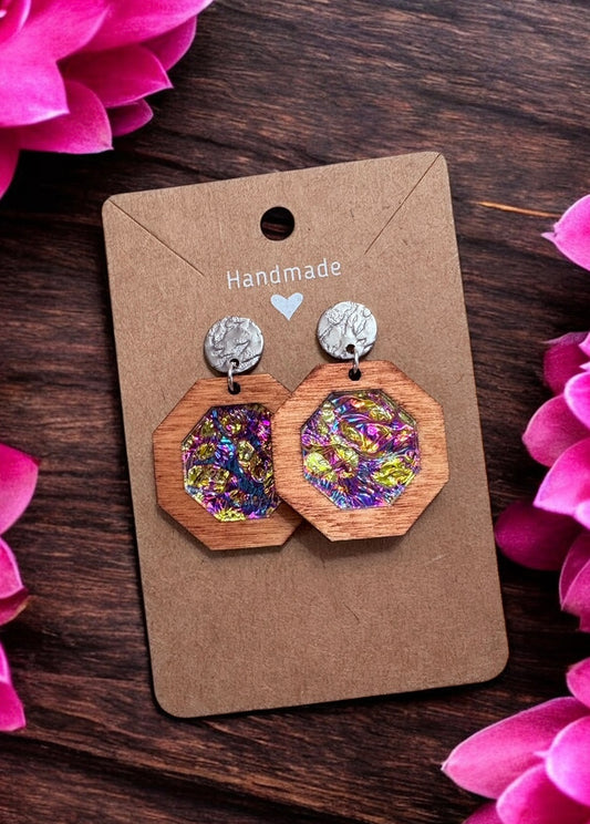 Wood & Dichrolam Acrylic Earrings on Silver Textured Studs