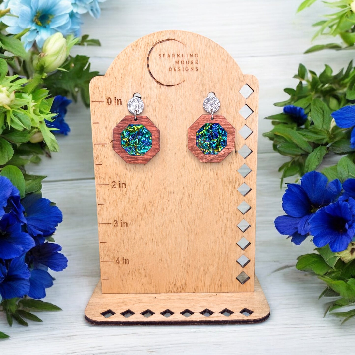 Wood & Dichrolam Acrylic Earrings on Silver Textured Studs