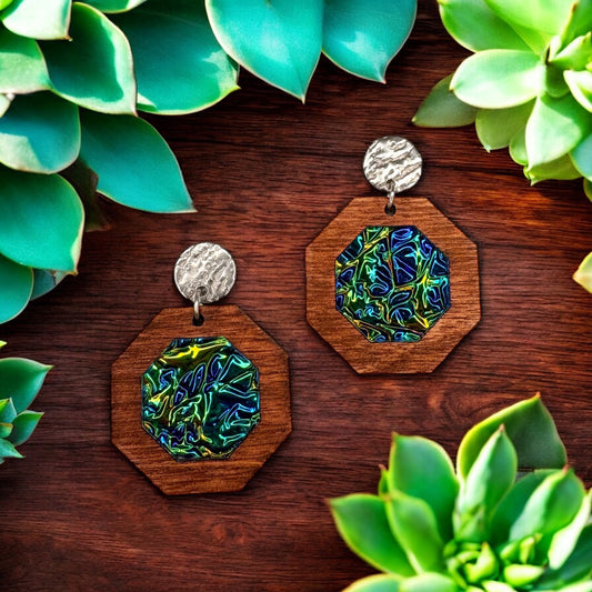 Wood & Dichrolam Acrylic Earrings on Silver Textured Studs