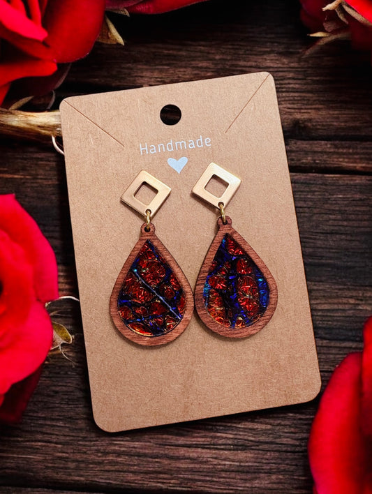 Teardrop Wood & Dichrolam Acrylic Earrings on Gold Triangle Studs