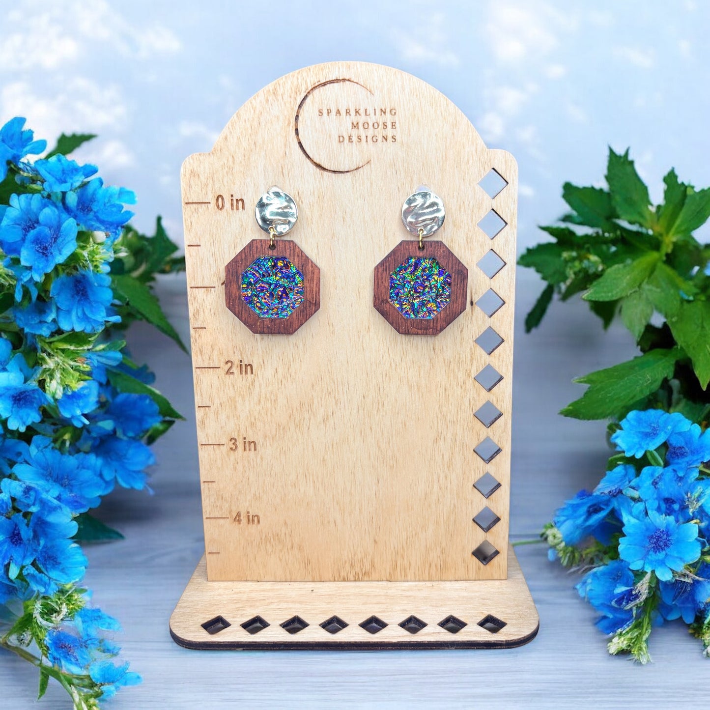 Wood & Dichrolam Acrylic Earrings on Gold Textured Studs