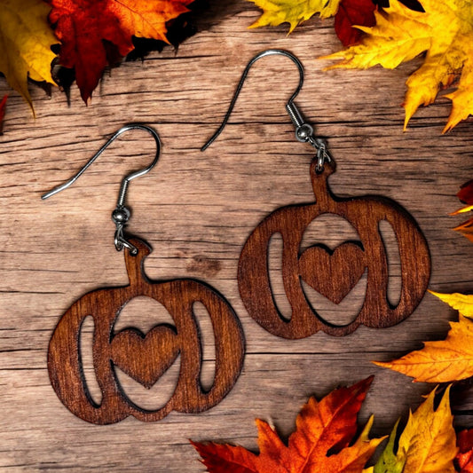 Pumpkin w/ Heart Wood Earrings.